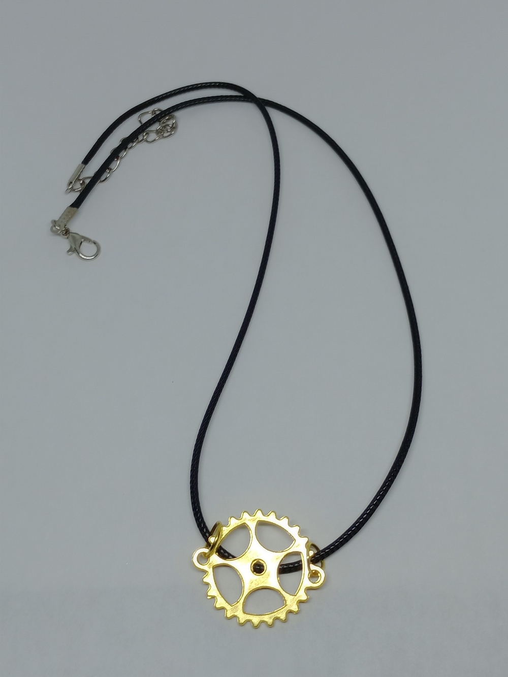 Gold Gear Pendant Necklace on Black Cord - Women Jewelry